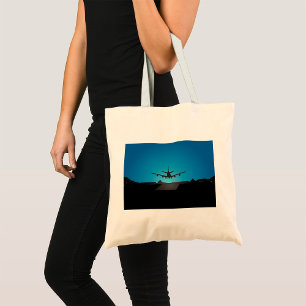 Aeroplane Landing Silhouette at Night Tote Bag