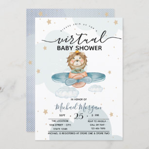 Aeroplane Lion Clouds Dots Virtual Baby Shower Invitation