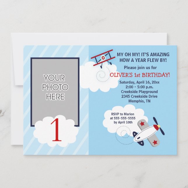 Aeroplane Little Aviator Red/Blue Photo Birthday Invitation (Front)