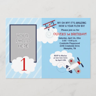 Aeroplane Little Aviator Red/Blue Photo Birthday Invitation