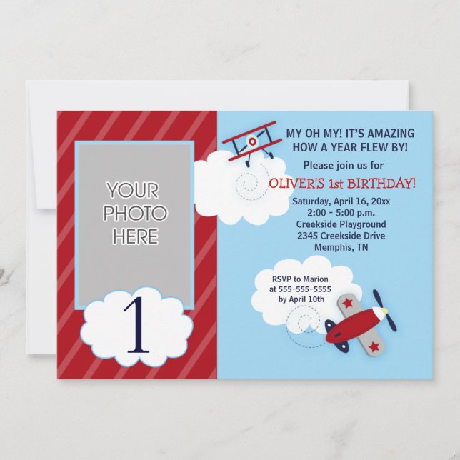 Aeroplane Little Aviator Red & Navy Photo Birthday Invitation (Front)