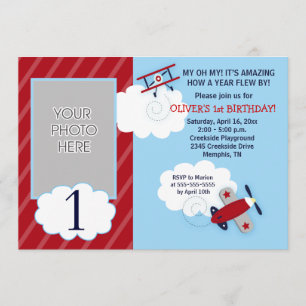 Aeroplane Little Aviator Red & Navy Photo Birthday Invitation