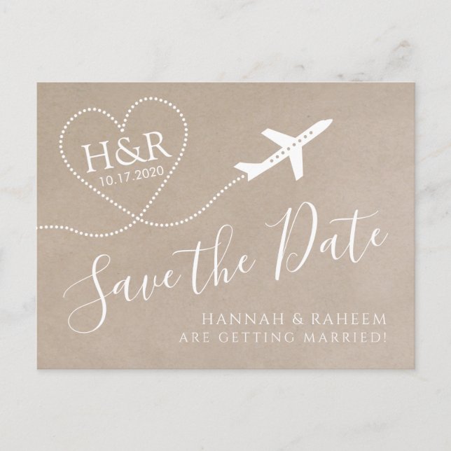 Aeroplane Monogram Kraft Destination Wedding Date Announcement Postcard (Front)