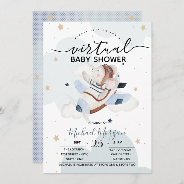 Aeroplane Mouse Clouds Dots Virtual Baby Shower Invitation (Front/Back)