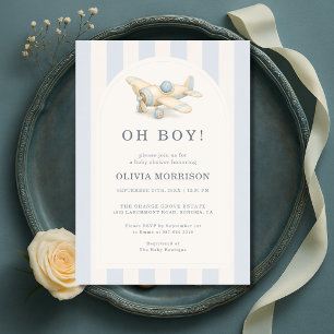 Aeroplane Oh Boy Blue Striped Baby Shower Invitation