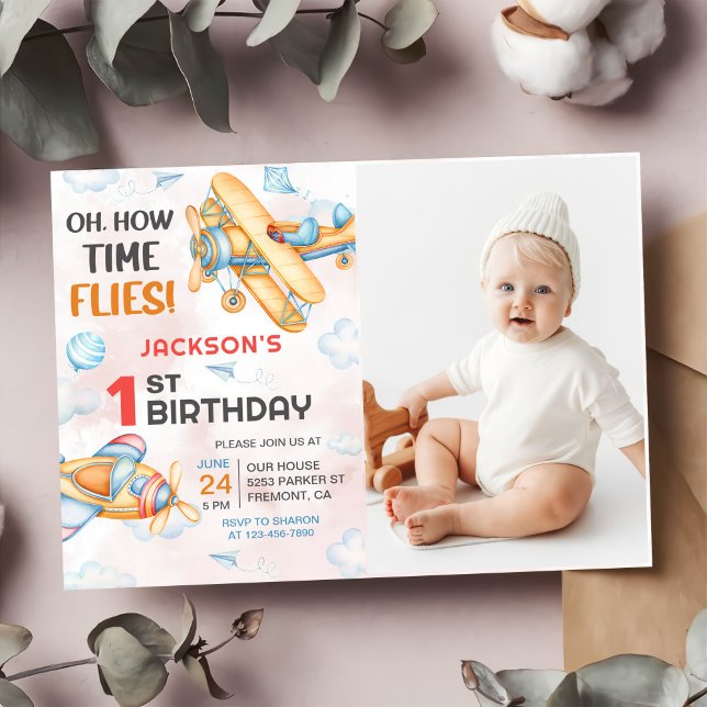 Aeroplane Oh How Time Flies 1st Birthday Photo Invitation (Creator Uploaded)