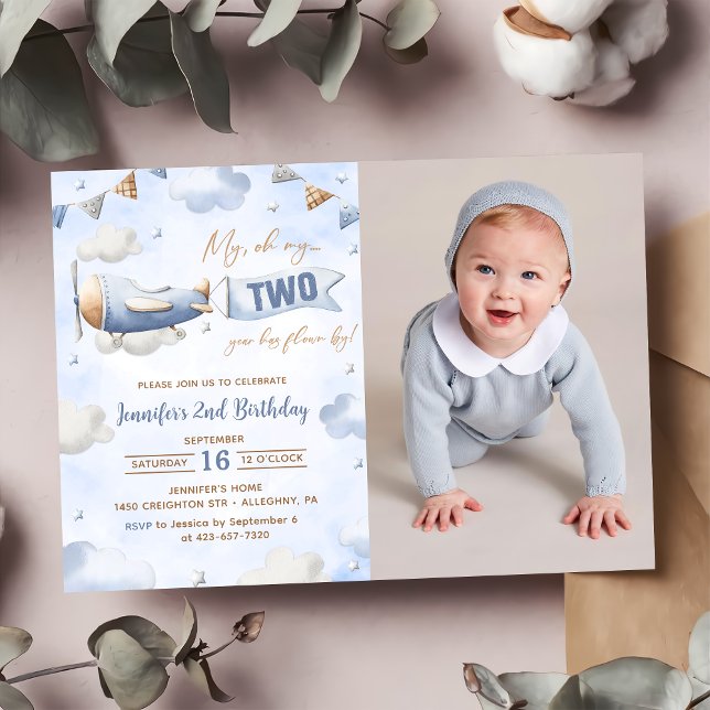 Aeroplane Oh My Time Flies Travel 2nd Birthday  Invitation (Creator Uploaded)