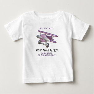 Aeroplane Oh My Time Flies Travel First Birthday Baby T-Shirt