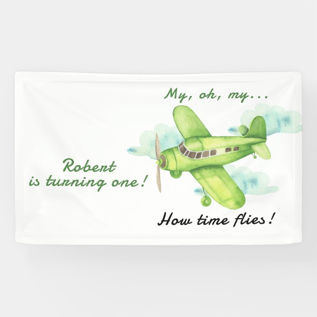 Aeroplane Oh My Time Flies Travel First Birthday  Banner (Horizontal)