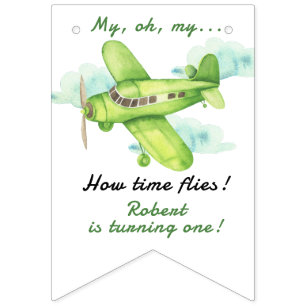 Aeroplane Oh My Time Flies Travel First Birthday  Bunting