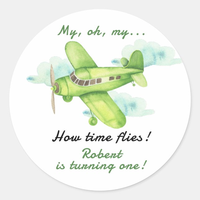 Aeroplane Oh My Time Flies Travel First Birthday  Classic Round Sticker (Front)