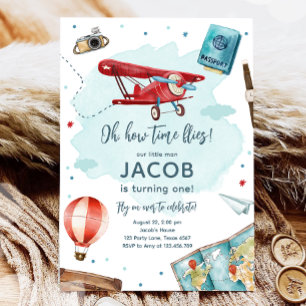 Aeroplane Oh My Time Flies Travel First Birthday Invitation