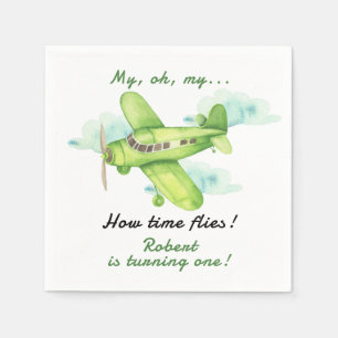 Aeroplane Oh My Time Flies Travel First Birthday  Napkin