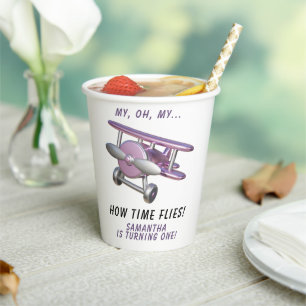 Aeroplane Oh My Time Flies Travel First Birthday Paper Cups