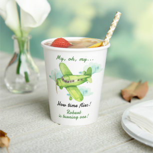Aeroplane Oh My Time Flies Travel First Birthday  Paper Cups