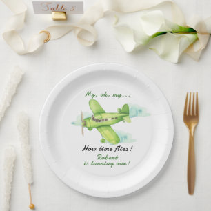 Aeroplane Oh My Time Flies Travel First Birthday Paper Plate