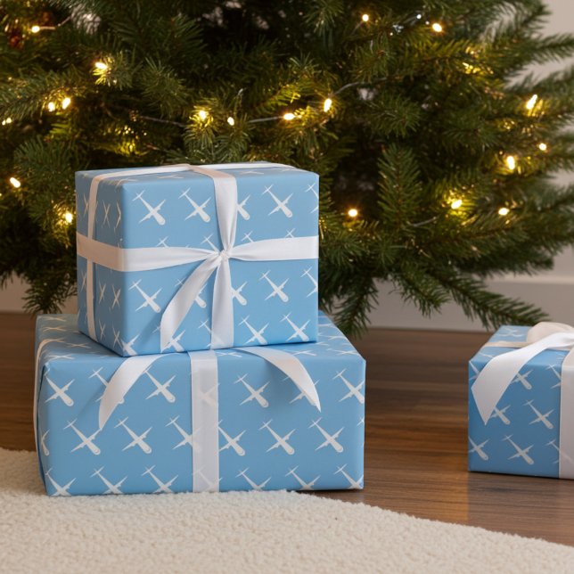 Aeroplane on Blue, Elegant Pattern Pilot Birthday Wrapping Paper (Airplane wrapping paper)