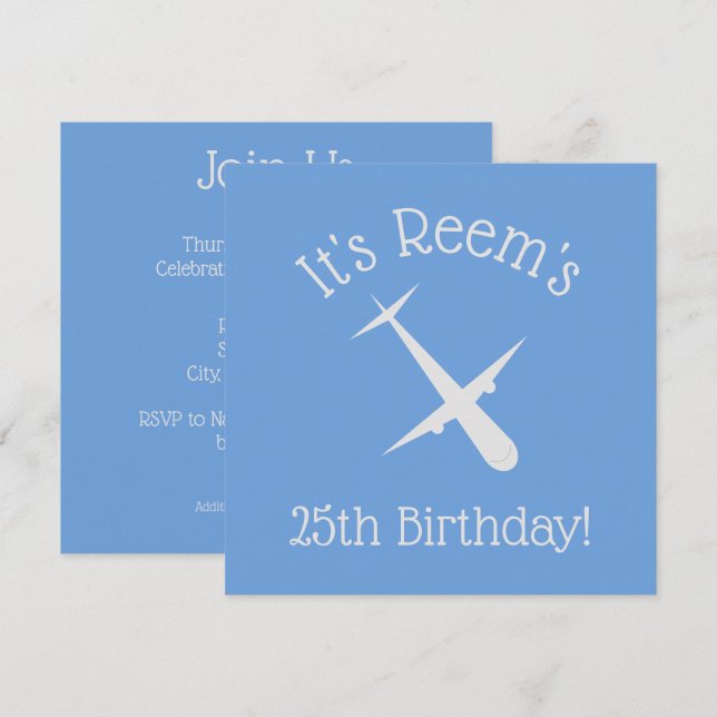 Aeroplane on Blue Elegant Personalised Birthday Invitation (Front/Back)