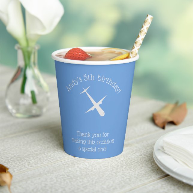 Aeroplane on Blue Personalised Paper Cups (Insitu)