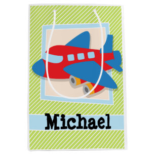 Aeroplane on Lime Green & White Stripes Medium Gift Bag