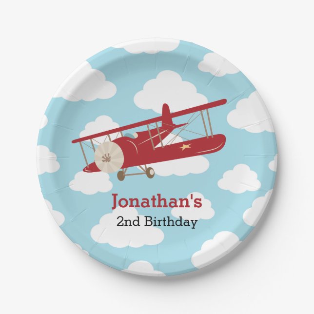 Aeroplane Paper Plates (Vintage Red Plane Boy) (Front)