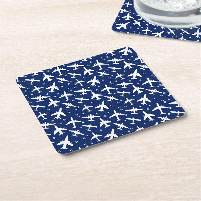 Aeroplane Pattern Cool Blue and White Square Paper Coaster (Angled)