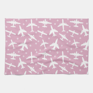 Aeroplane Pattern Light Pink and White Aviation Tea Towel