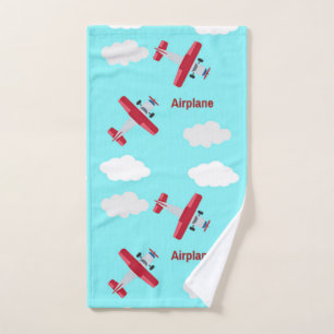 Aeroplane pattern on blue hand towel