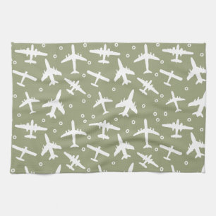 Aeroplane Pattern Taupe and White Aviation Tea Towel