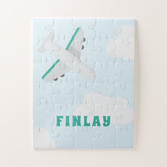 Aeroplane Personalised Name Boys Blue and Teal Jigsaw Puzzle (Vertical)