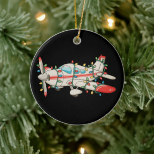 Aeroplane Pilot Christmas Xmas Lights Holiday Ceramic Ornament