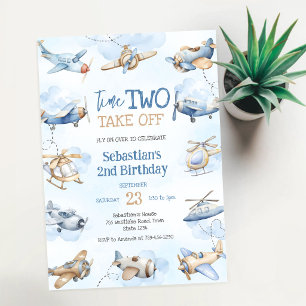 Aeroplane Pilot Party Time Two Take Off Birthday Invitation