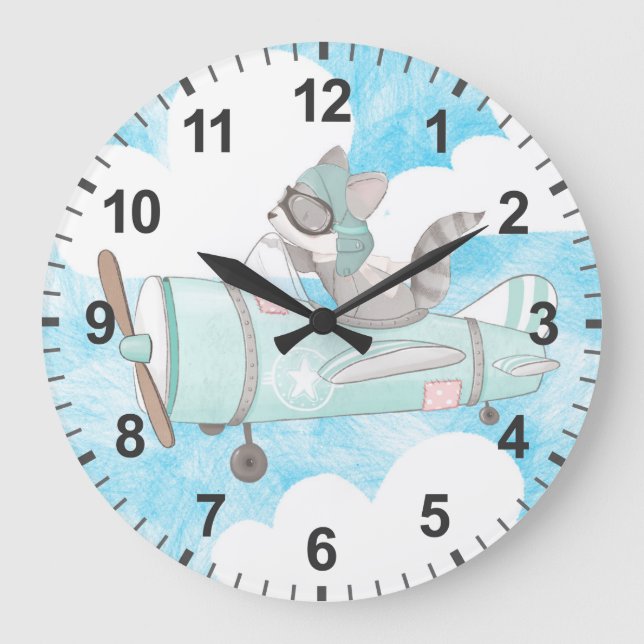 Aeroplane Pilot Racoon Large Clock (Front)