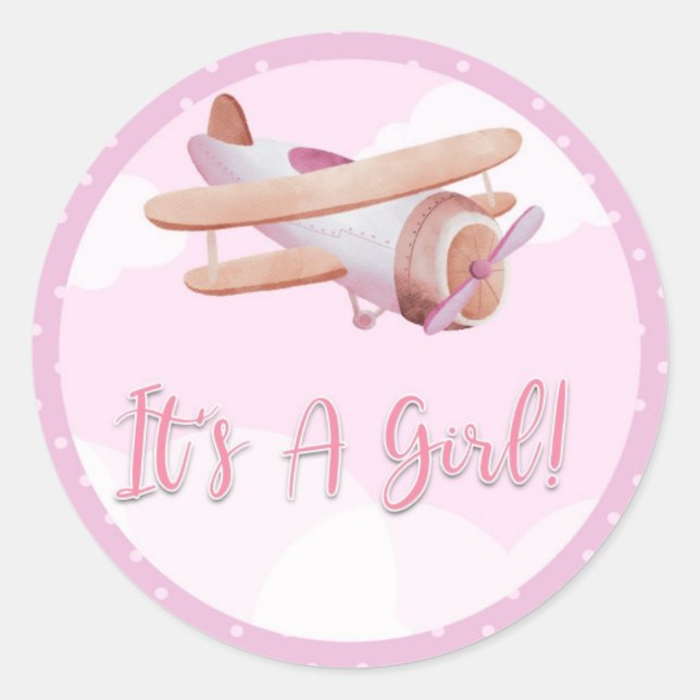 Aeroplane Pink Baby Shower Sticker It's A Girl (Front)