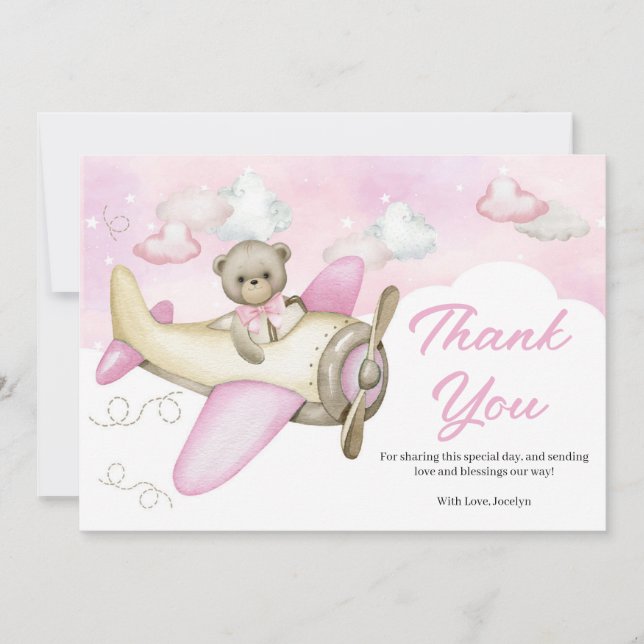 Aeroplane Pink Teddy Bear Baby Shower  Thank You Card (Front)