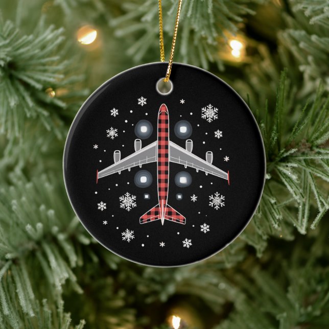 Aeroplane Plaid Christmas Pilot Ceramic Ornament (Tree)