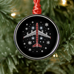 Aeroplane Plaid Christmas Pilot Metal Ornament
