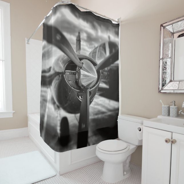 Aeroplane propeller Black and White Shower Curtain (In Situ)