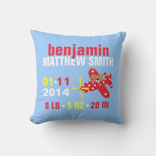 Aeroplane Puppy Custom Baby Birth Announcement Cushion (Front)