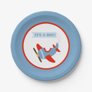 Aeroplane Red Blue Boy Baby Shower Paper Plate