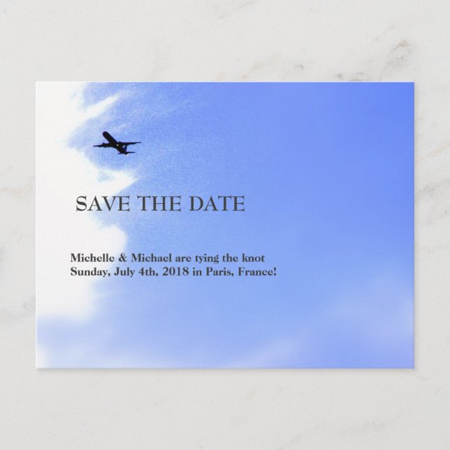 Aeroplane Sky Destination Save-the-Date Announcement Postcard (Front)