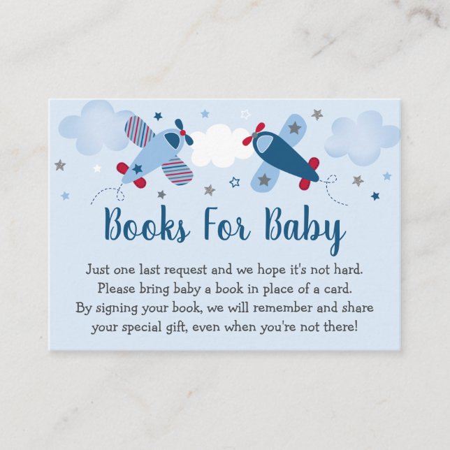 Aeroplane Stars Clouds Baby Shower Book Request Enclosure Card (Front)