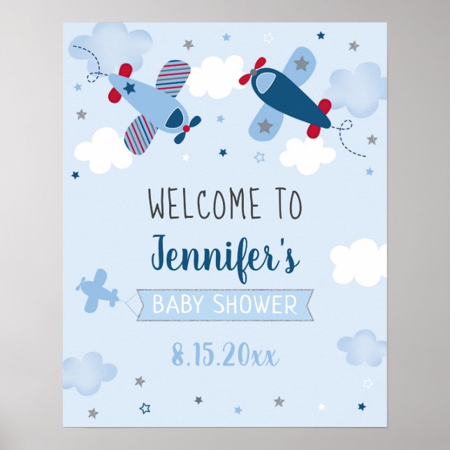 Aeroplane Stars Clouds Baby Shower Welcome Poster (Front)