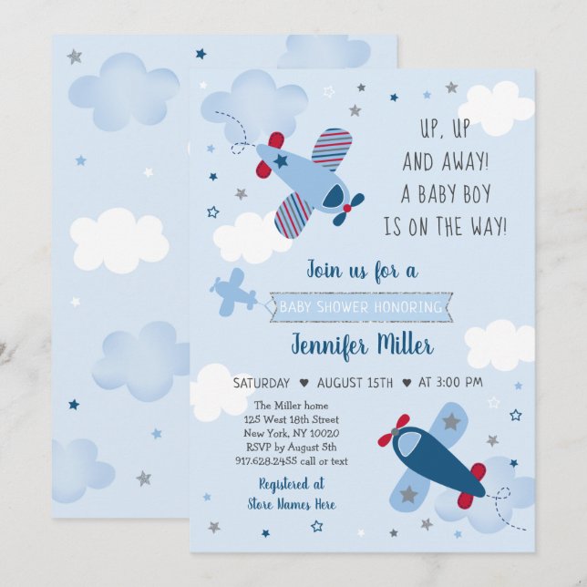 Aeroplane Stars Clouds Boy Baby Shower Invitation (Front/Back)