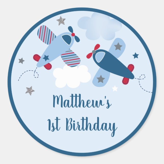 Aeroplane Stars Clouds Boy Birthday Classic Round Sticker (Front)