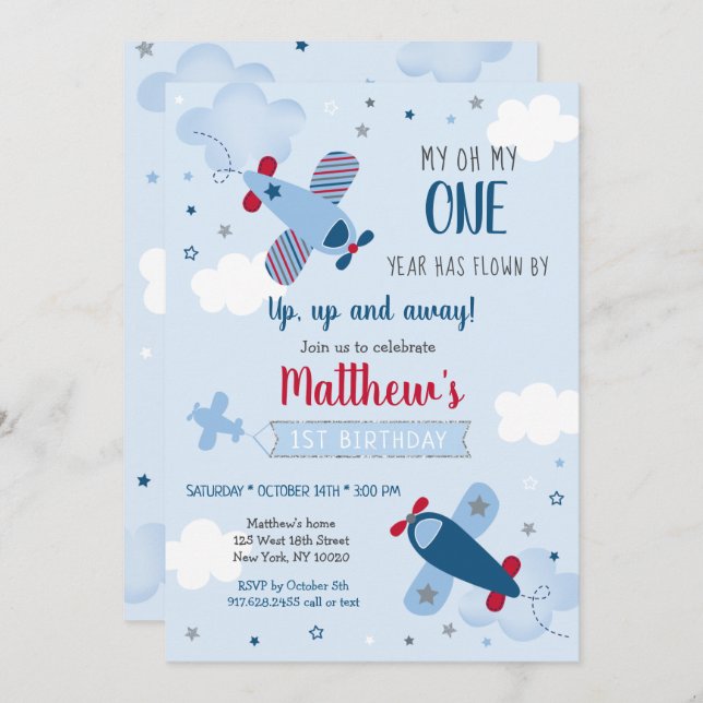 Aeroplane Stars Clouds Boy First Birthday Invitation (Front/Back)