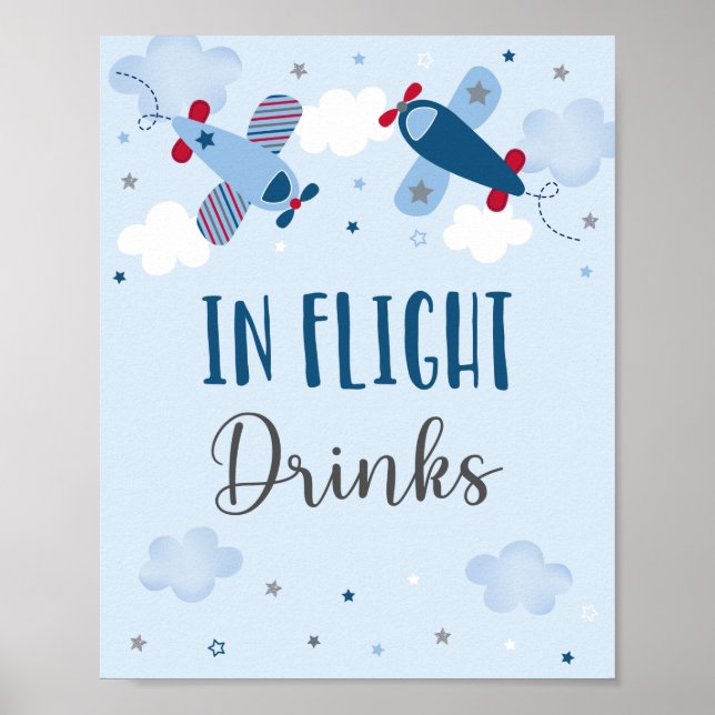 Aeroplane Stars Clouds In Flight Drinks Birthday Poster (Front)