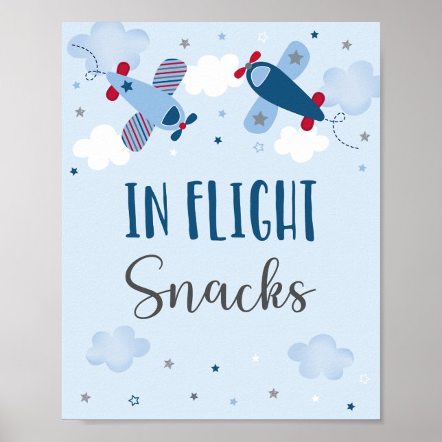 Aeroplane Stars Clouds In Flight Snacks Birthday Poster (Front)