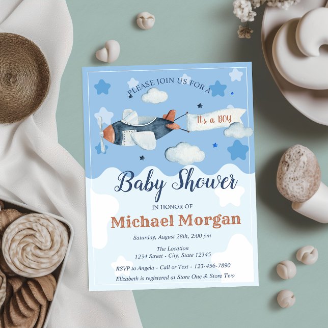 Aeroplane Stars Clouds It's a BOY Baby Shower Invitation (Creator Uploaded)