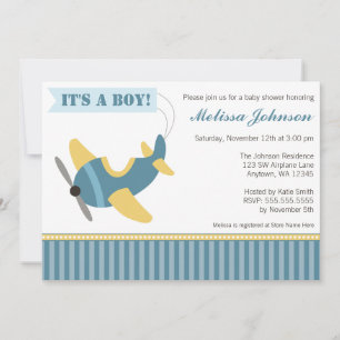 Aeroplane Stripes Boy Baby Shower Invitations